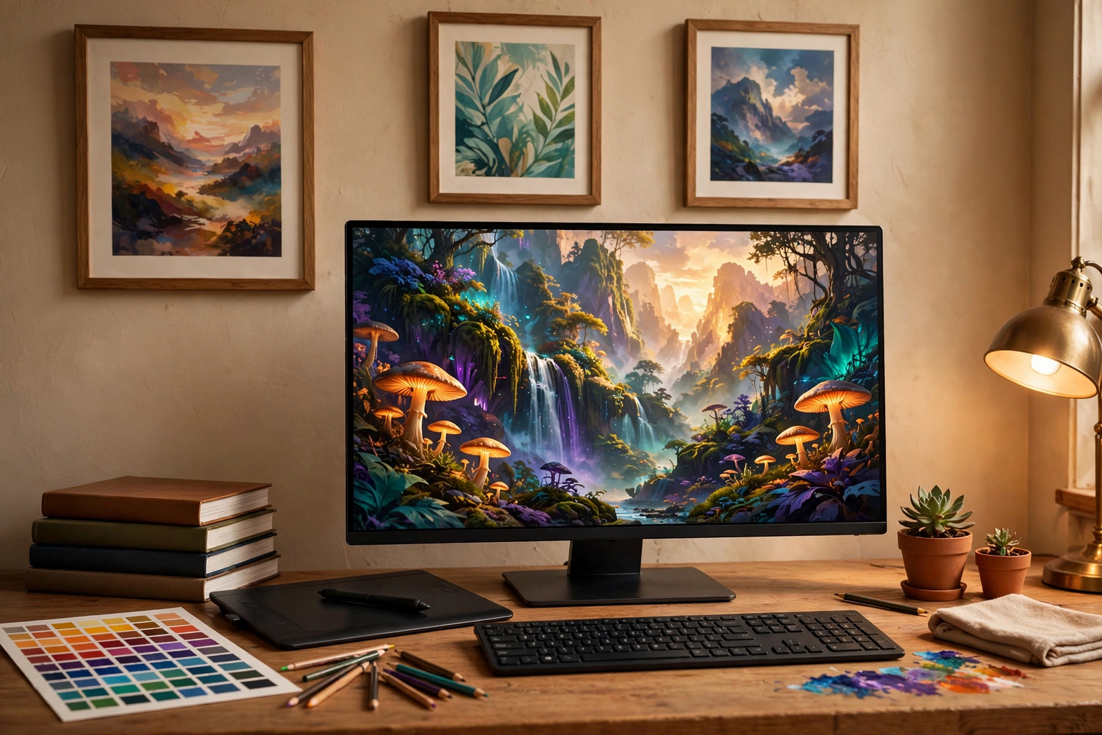 Digital artist's workspace with AI-generated artwork displayed on a large monitor