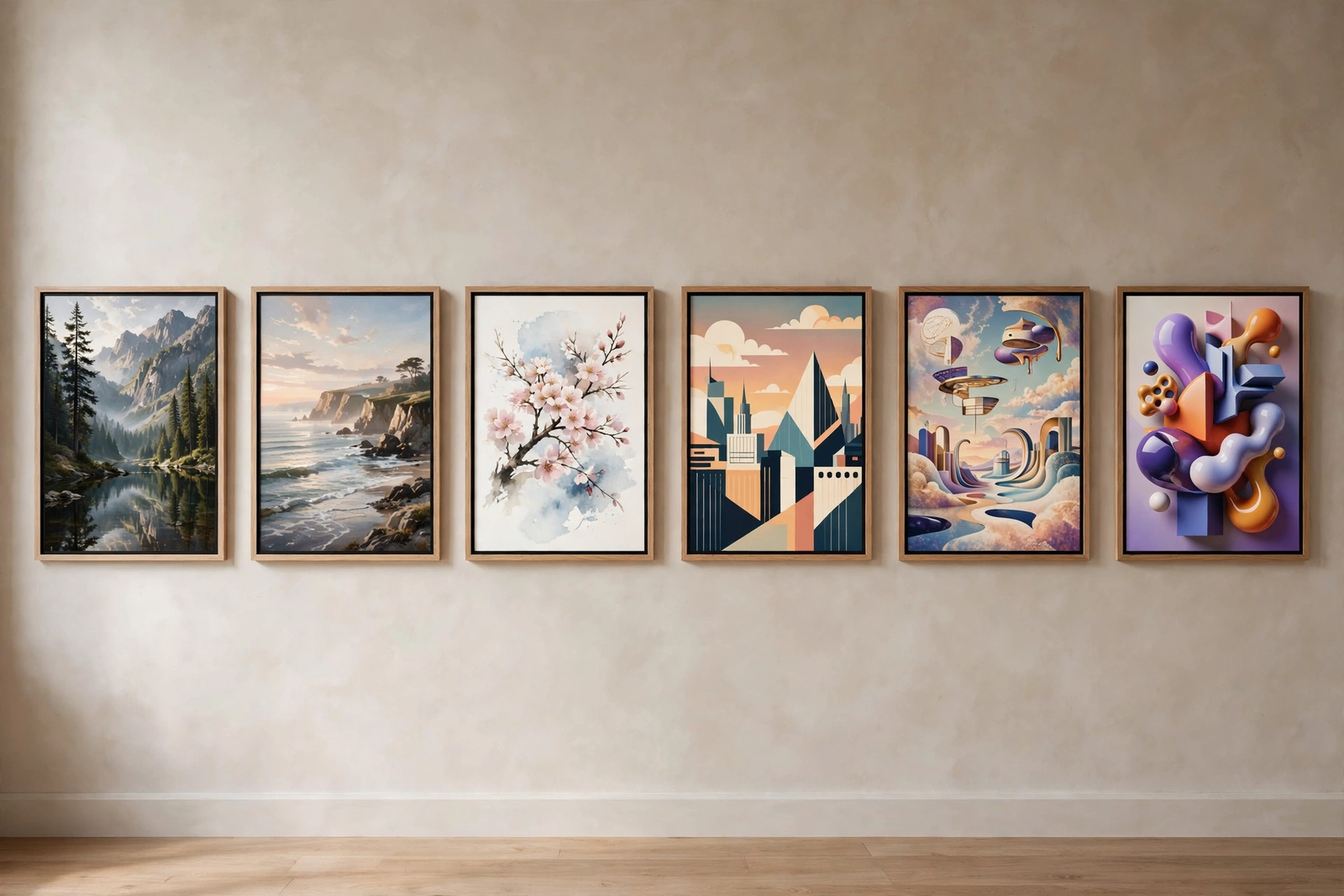 Gallery wall showing different AI art styles side by side, from photorealism to abstract 3D art