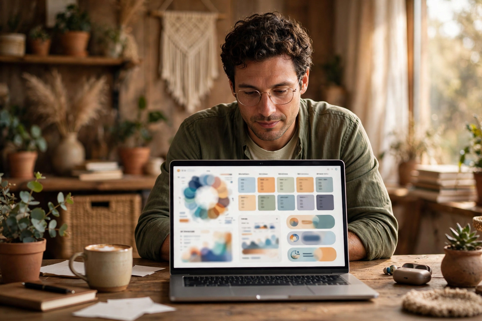 Small business owner reviewing an AI productivity dashboard on a laptop, showing automated summaries, schedules and task lists