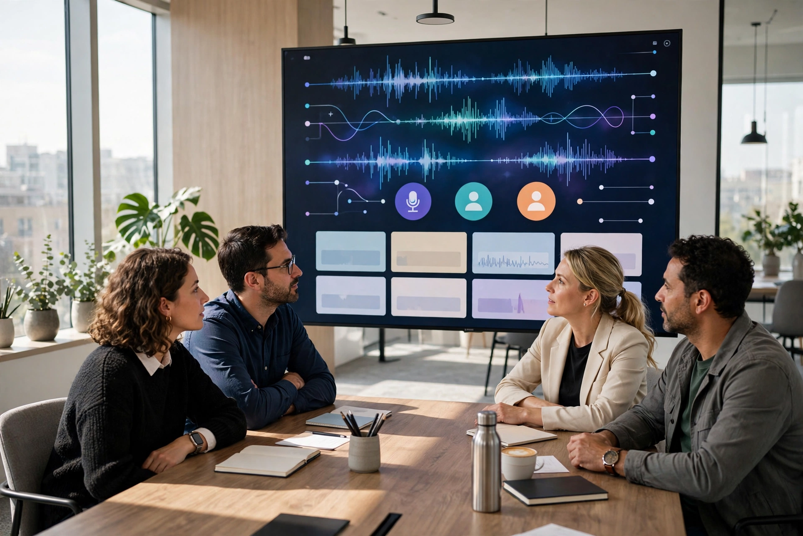 Small team around a conference table with AI-generated meeting transcription and notes displayed on a large screen