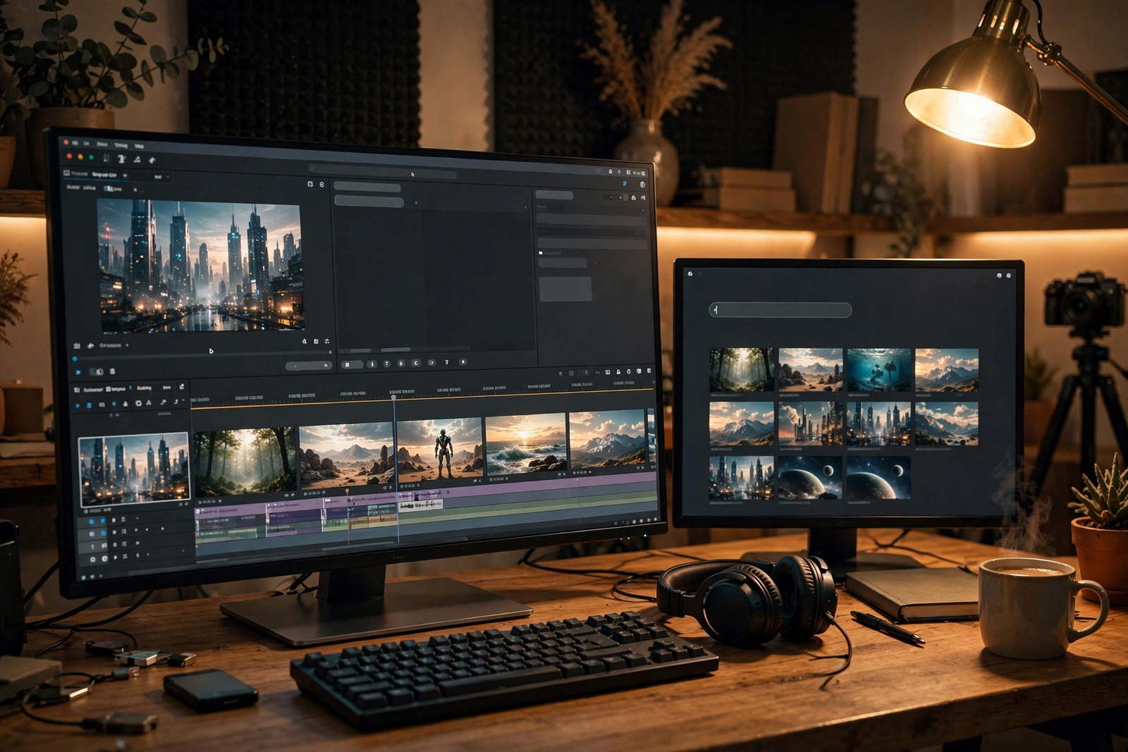 A creator's desk with a video editing timeline filled with AI-generated video scenes and a text-to-video prompt interface on a second monitor