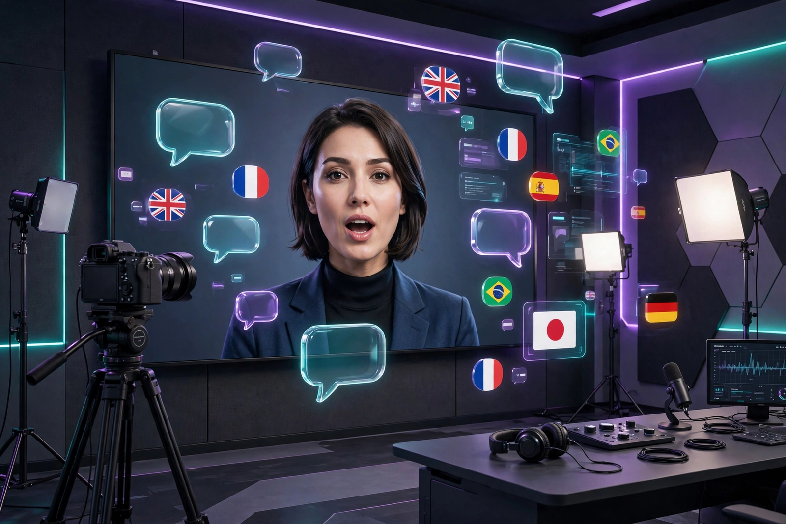 An AI avatar presenter speaking in a virtual studio with camera and multilingual voiceover elements