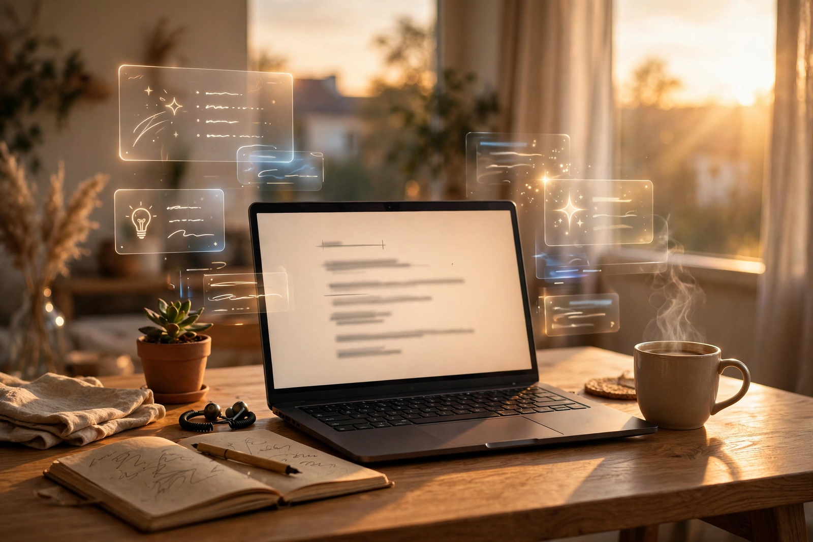 Blogger's desk with a laptop showing a blog draft, surrounded by subtle AI writing-assistant suggestion cards and a coffee mug