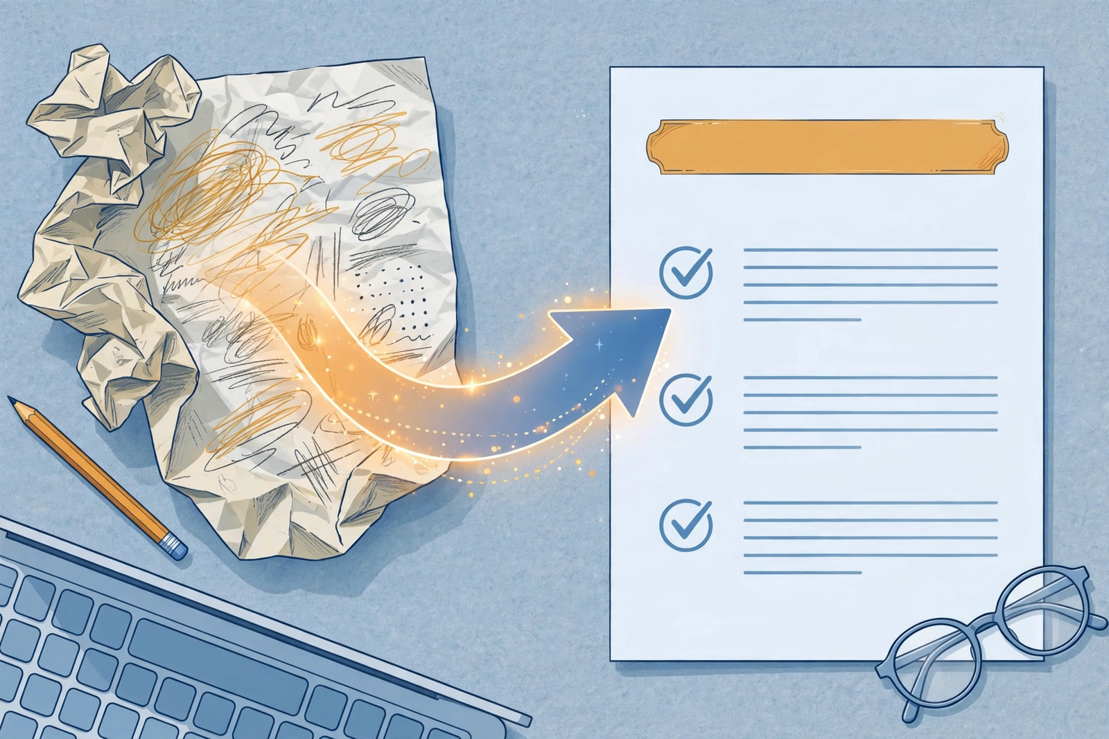 Illustration of a blog post evolving from a crumpled rough draft into a polished, checkmarked article