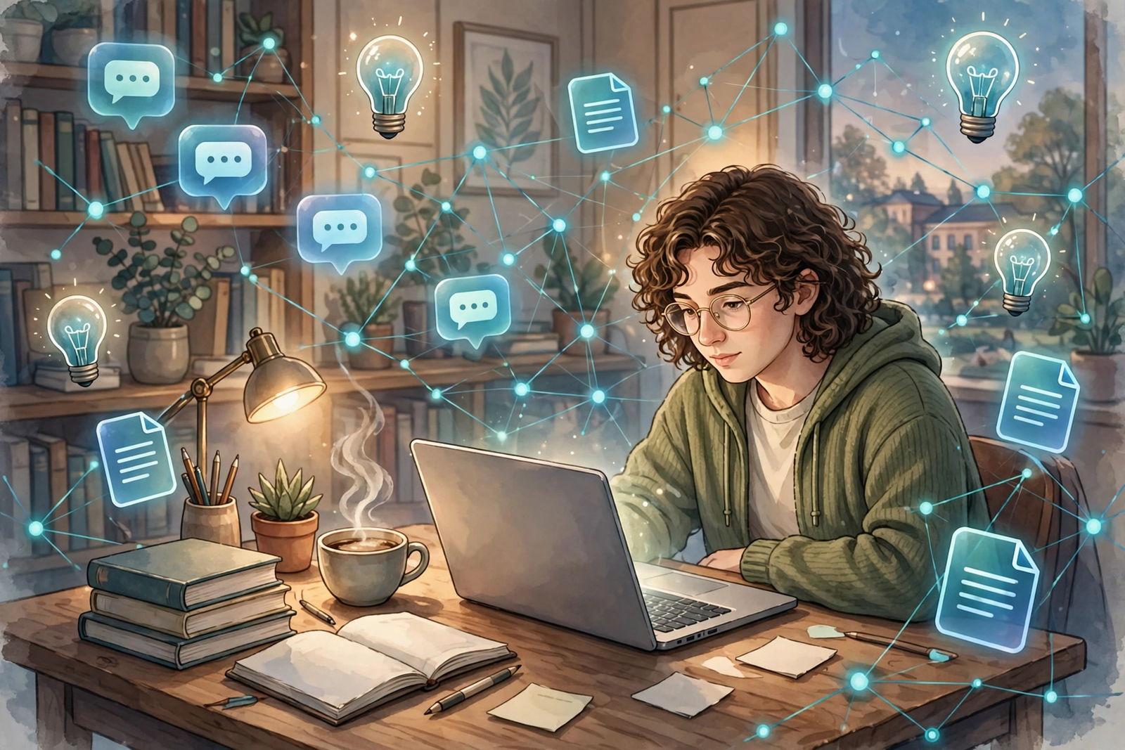 Student studying at a desk with a laptop, surrounded by soft glowing AI icons, chat bubbles and document symbols