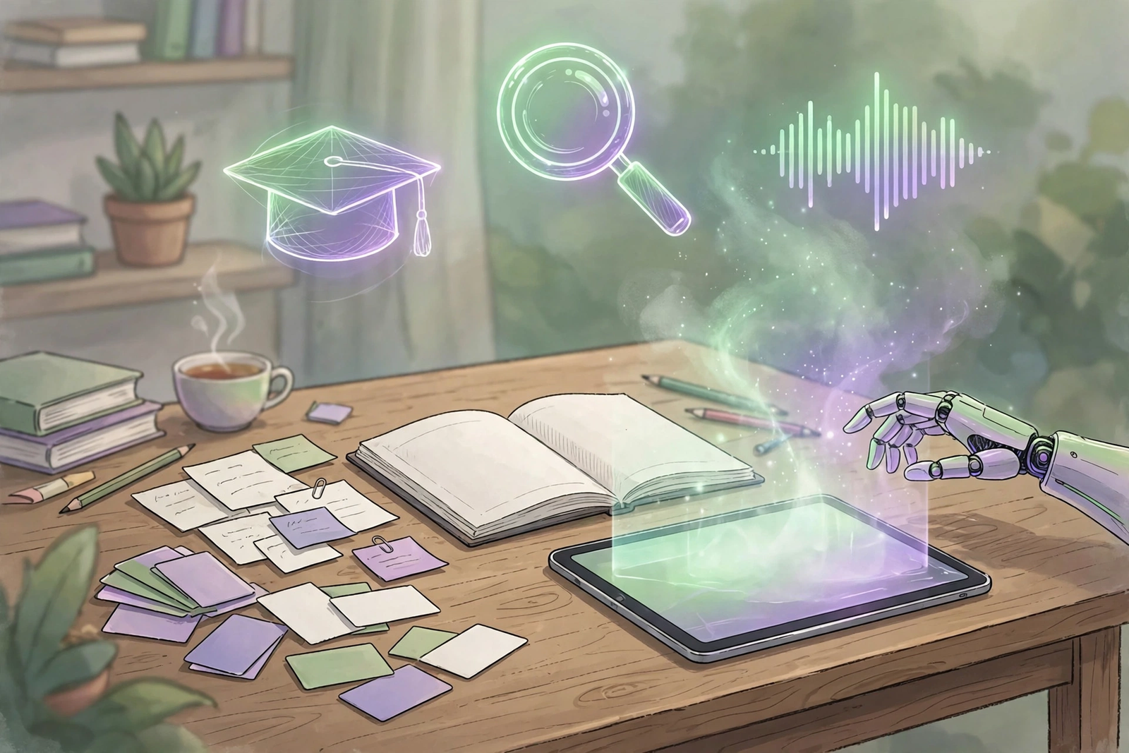 Illustrated student desk with notes, flashcards and a glowing AI assistant rising from a tablet