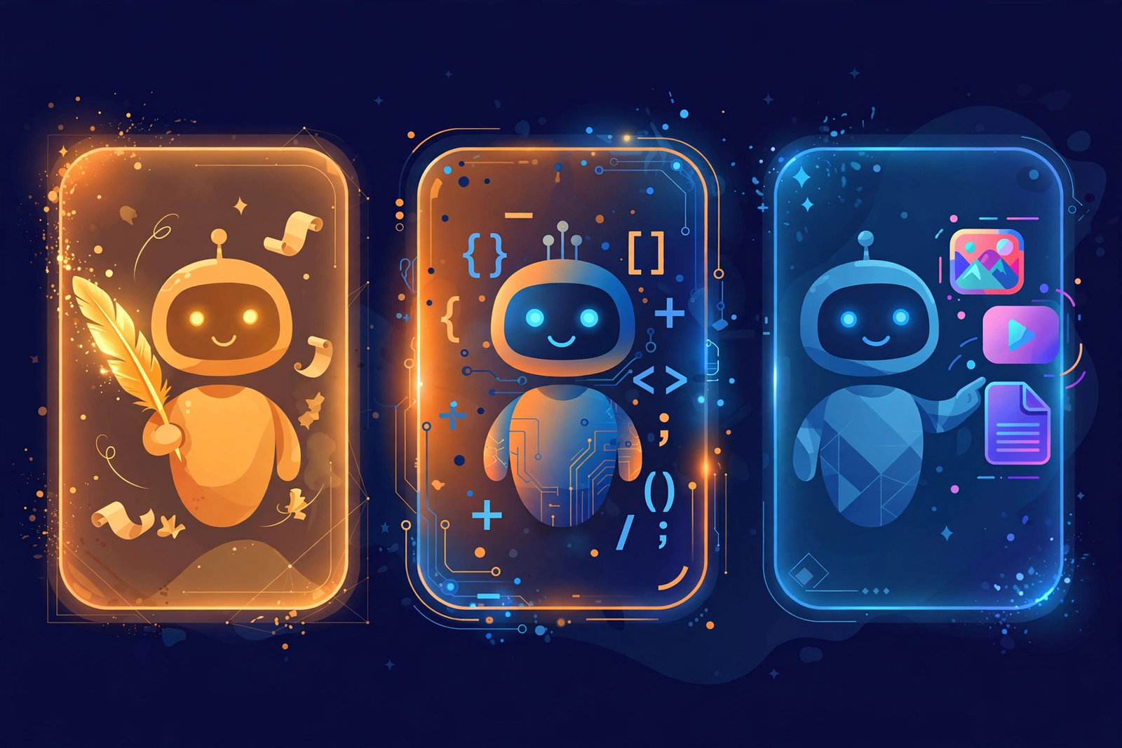 Illustration of three AI chatbot characters side by side: one holding a glowing pen for writing, one surrounded by code symbols, one handling images and documents — representing the ChatGPT vs Claude vs Gemini comparison