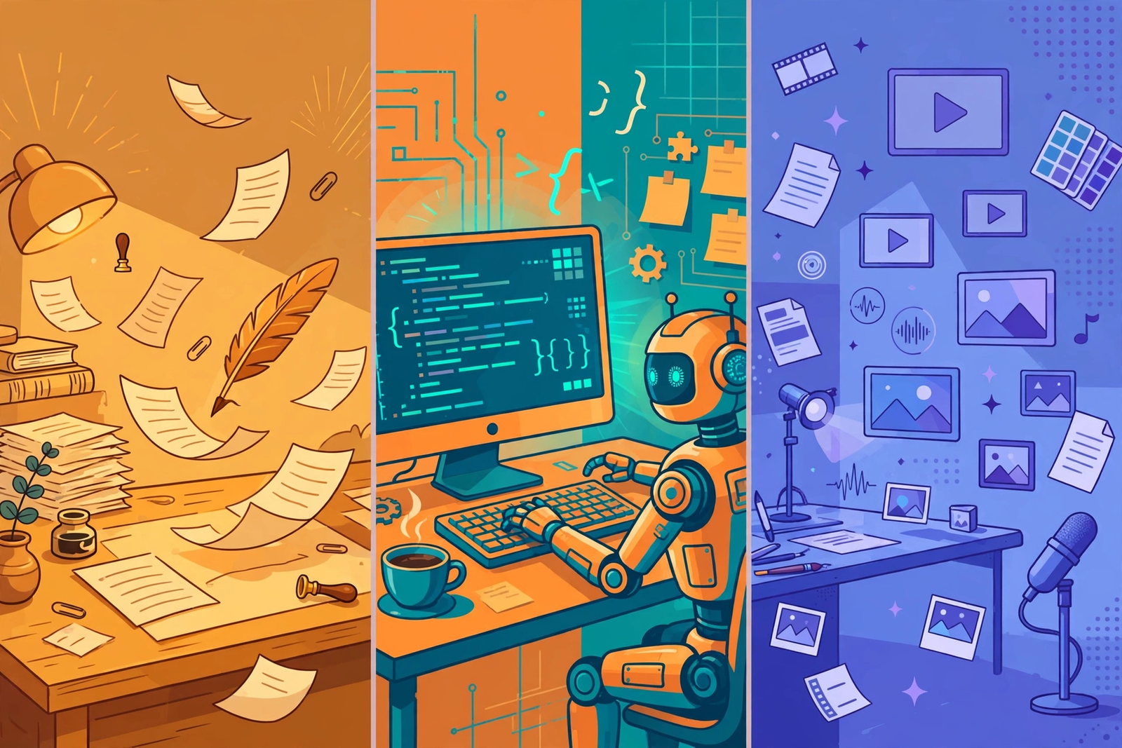Split-screen illustration showing three AI strengths: a writer's desk with a glowing quill, a developer workspace with code, and a multimedia studio with images and video — comparing writing, coding and multimodal abilities