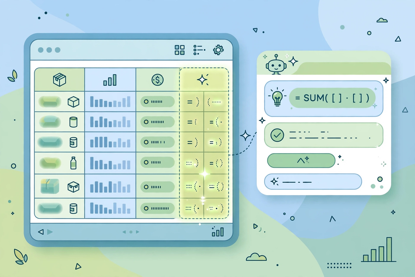 A spreadsheet with an AI assistant panel beside it suggesting a formula for a highlighted column of sales data