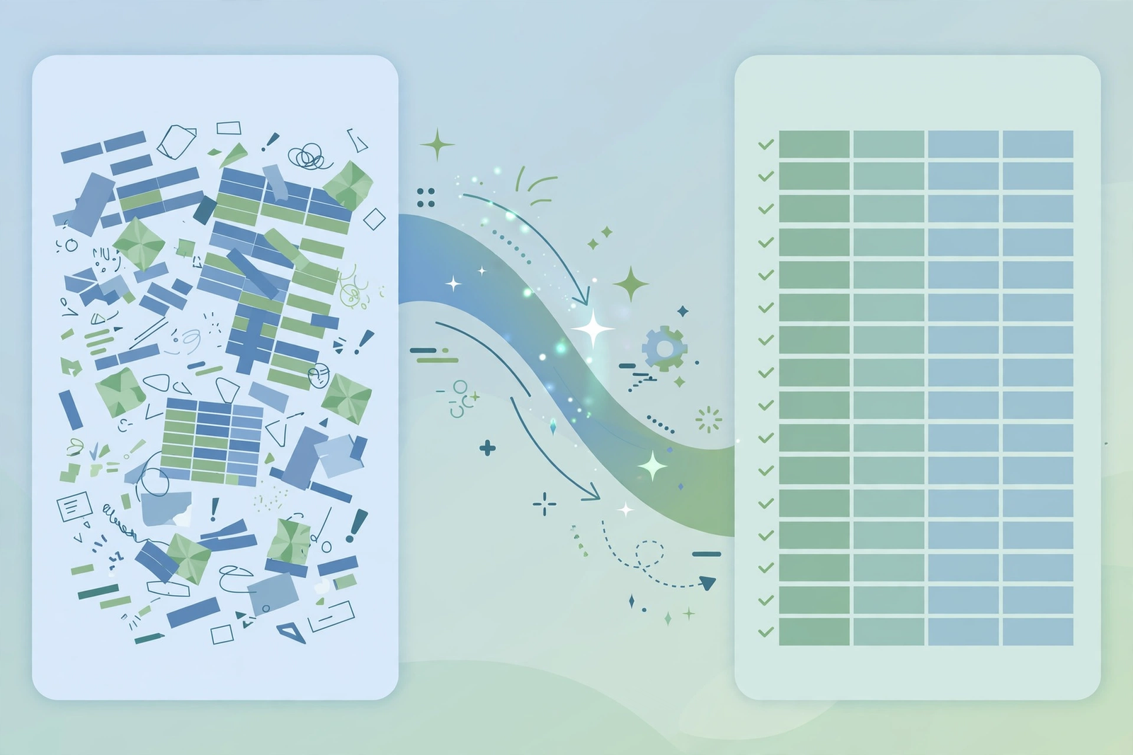 Before-and-after illustration of messy spreadsheet rows being transformed into a clean, organized table by an automated cleanup process