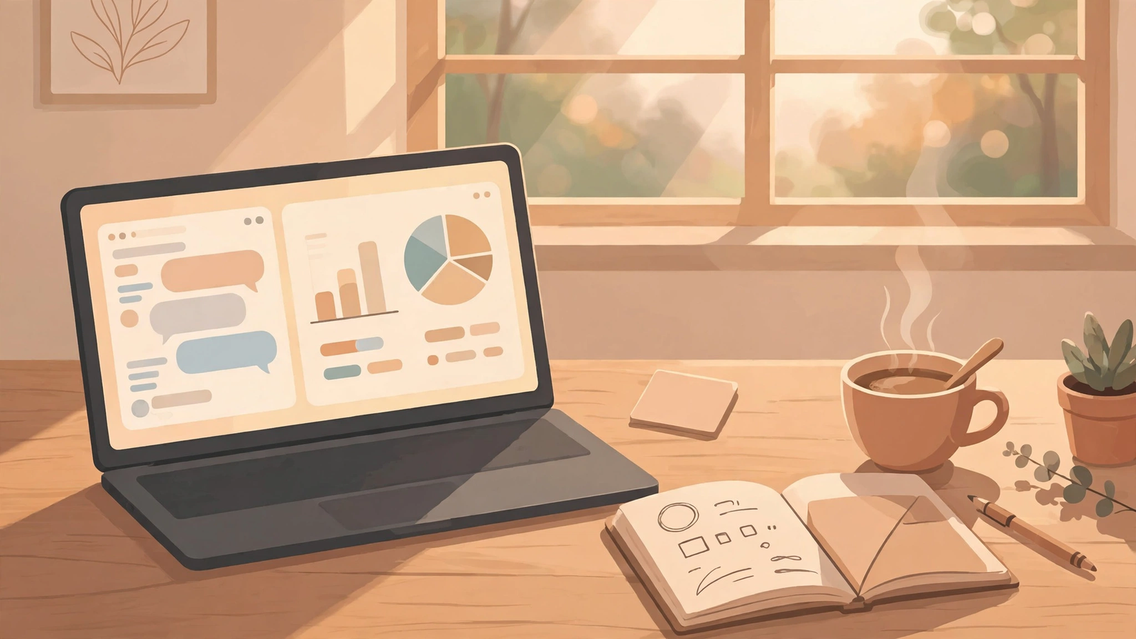 Freelancer's home workspace with a laptop showing an AI chat interface and a project dashboard, notebook and warm desk light