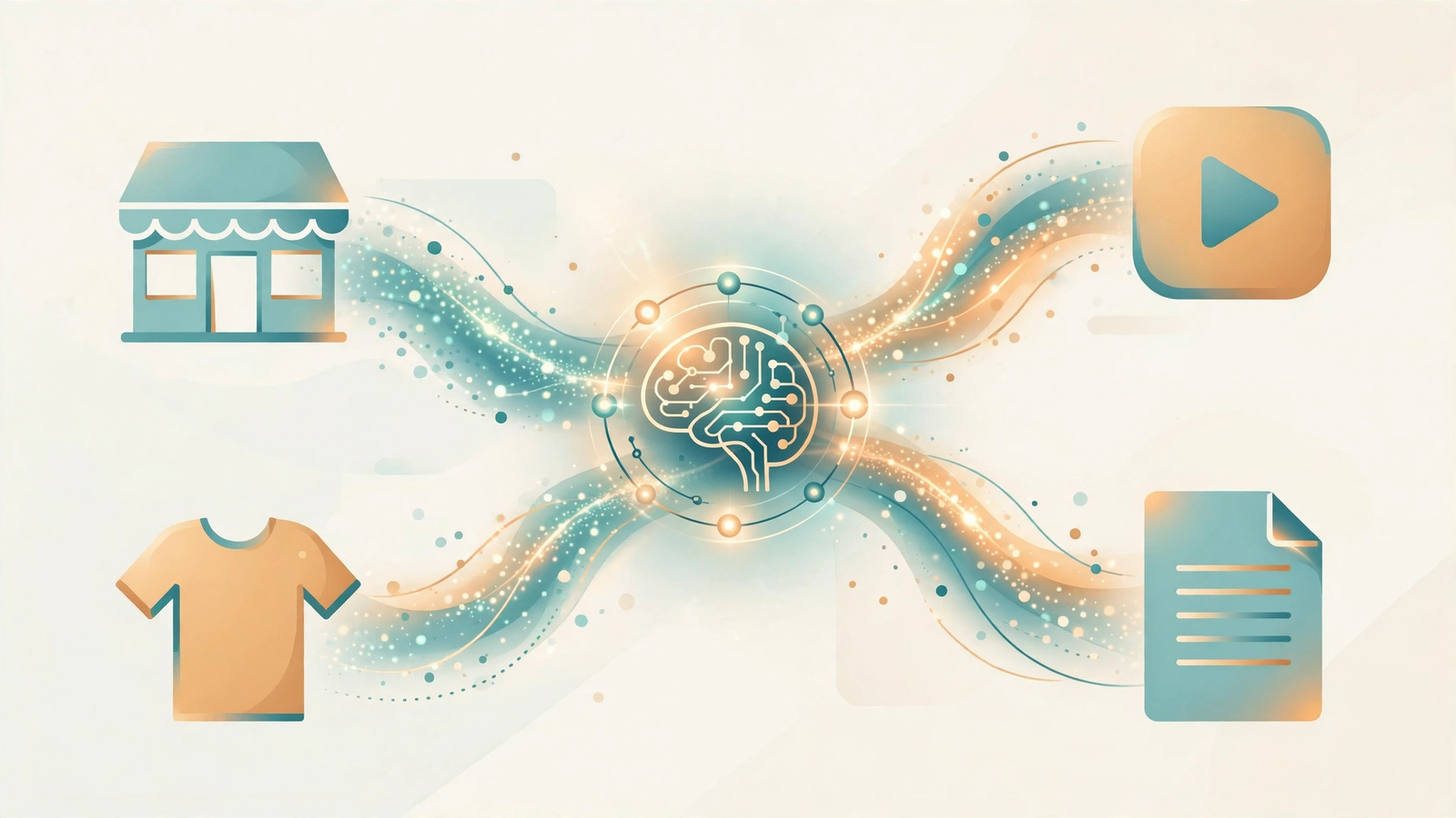 Illustration of diverse income streams flowing from a central AI hub toward icons of a storefront, a video play button, a document, and a t-shirt design