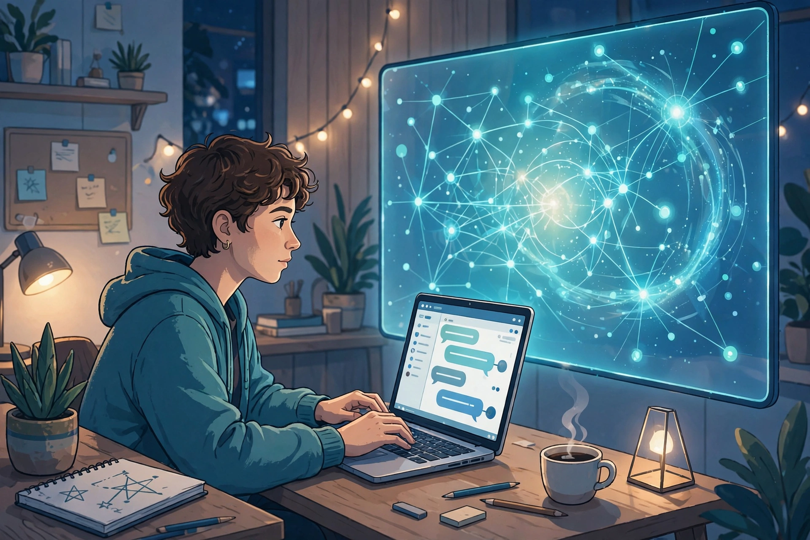 A person typing a detailed prompt into a laptop while a glowing, well-structured AI response appears on a large screen