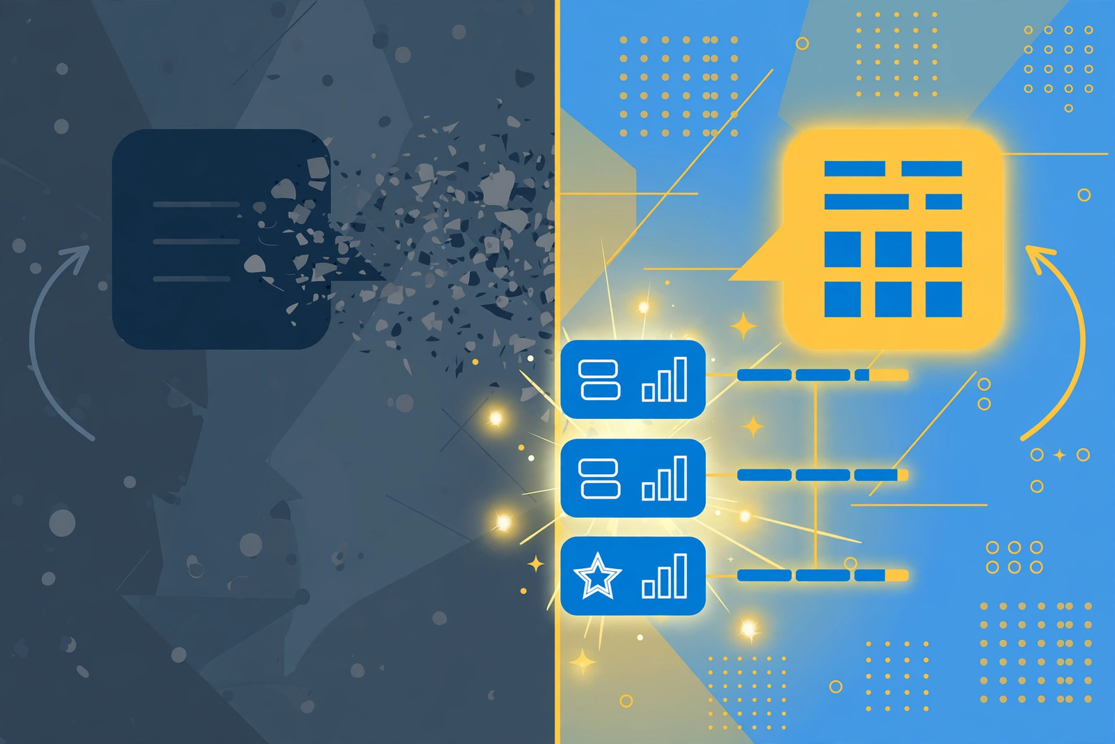 Split illustration comparing a vague one-line prompt producing a scattered dull response versus a detailed structured prompt producing a bright organized response